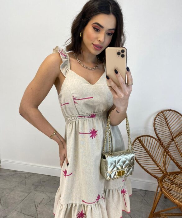 Vestido Curto com Bojo Cru Alças com Babado Bordado Pink - Fernanda Ramos Store