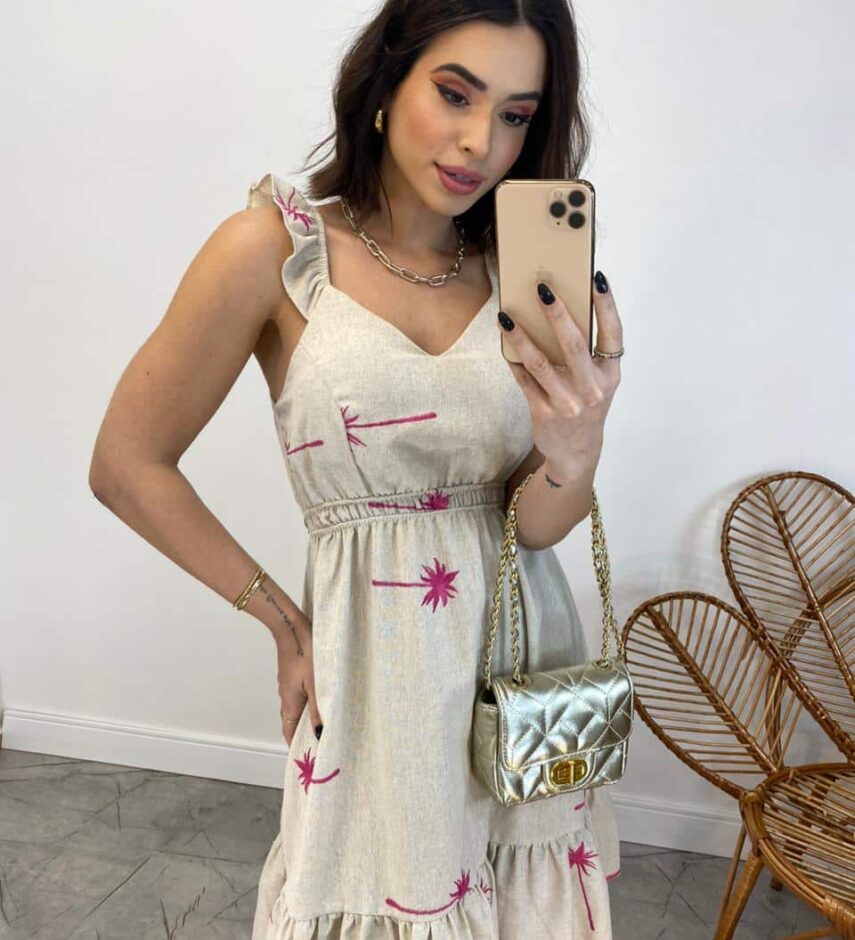 Vestido Curto com Bojo Cru Alças com Babado Bordado Pink - Fernanda Ramos Store