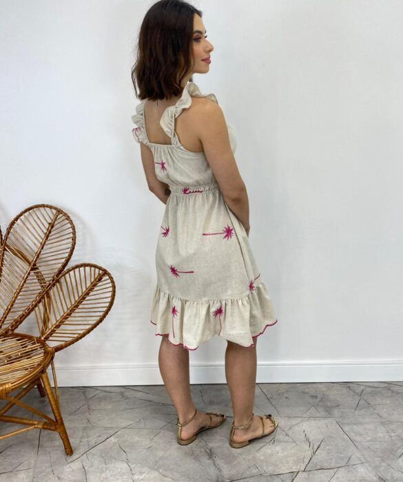 Vestido Curto com Bojo Cru Alças com Babado Bordado Pink - Fernanda Ramos Store