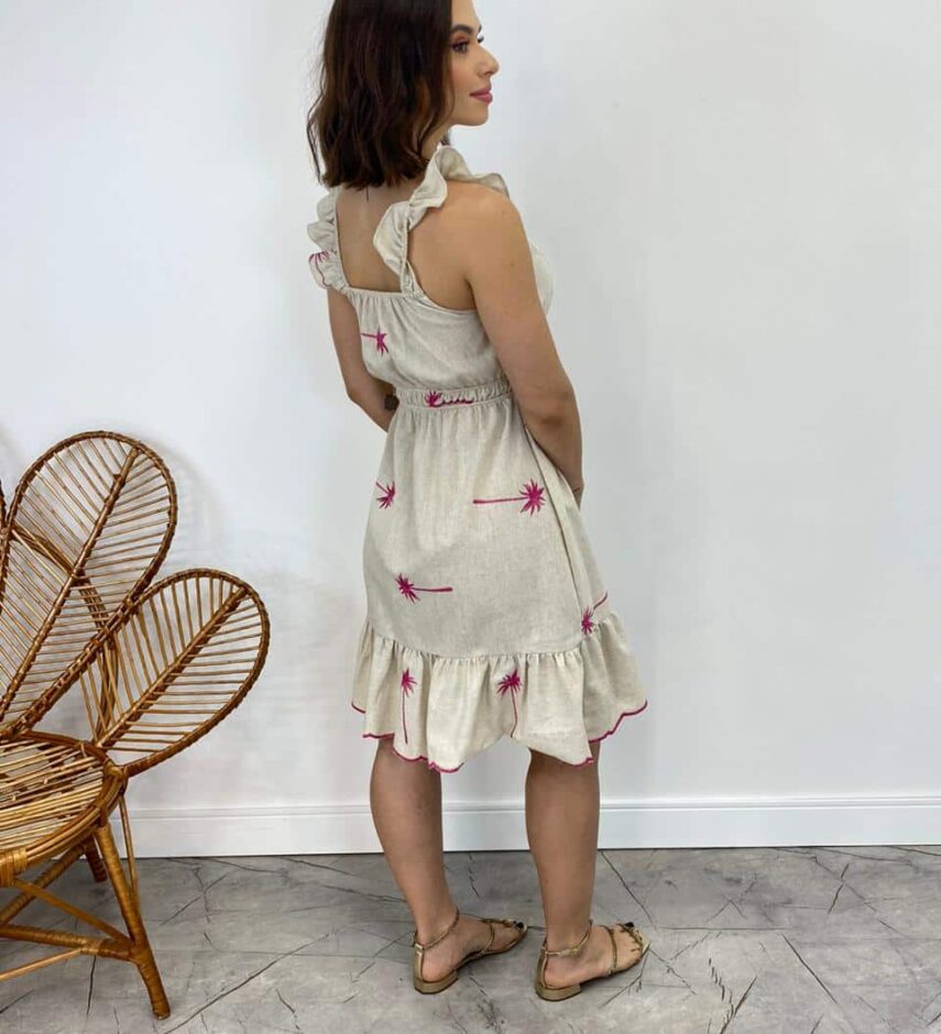 Vestido Curto com Bojo Cru Alças com Babado Bordado Pink - Fernanda Ramos Store