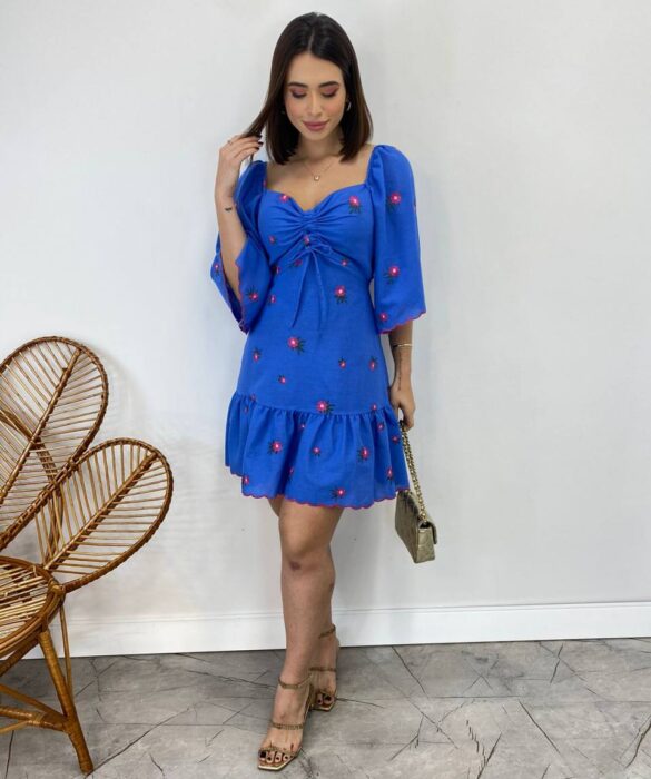 Vestido Curto sem Bojo com Amarração Bordado Floral Azul - Fernanda Ramos Store