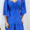 Vestido Curto sem Bojo com Amarração Bordado Floral Azul - Fernanda Ramos Store