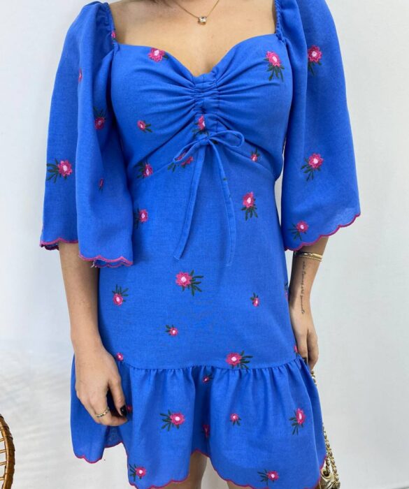 Vestido Curto sem Bojo com Amarração Bordado Floral Azul - Fernanda Ramos Store