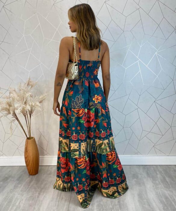 Vestido Longo com Bojo Ana Alça Regulável Estampado Azul - Fernanda Ramos Store