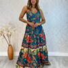 Vestido Longo com Bojo Ana Alça Regulável Estampado Azul - Fernanda Ramos Store