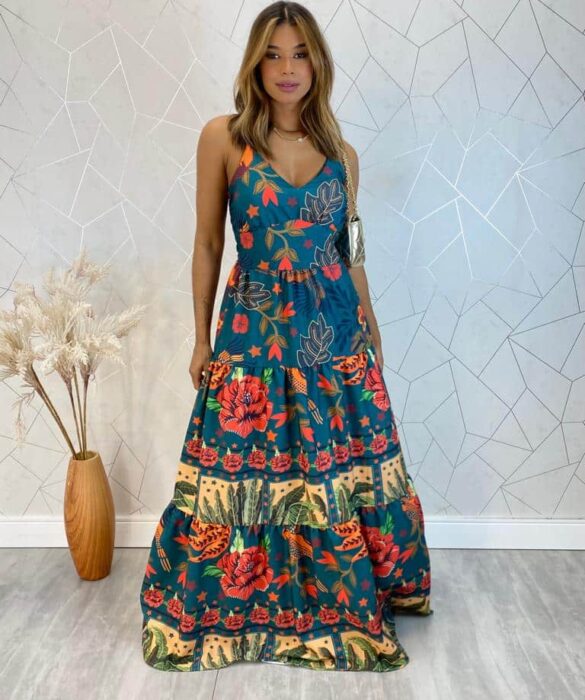 Vestido Longo com Bojo Ana Alça Regulável Estampado Azul - Fernanda Ramos Store