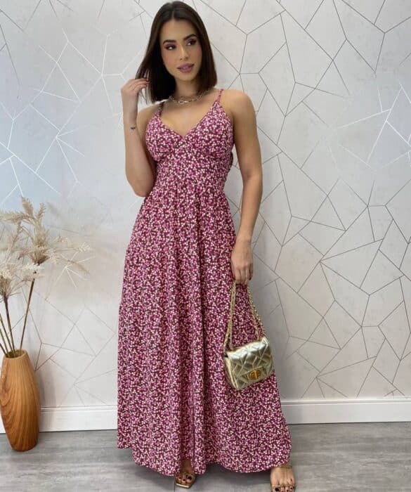 Vestido Longo com Bojo Bella Alça Regulável Floral Pink - Fernanda Ramos Store