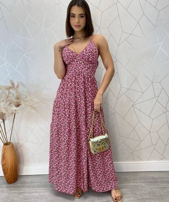 Vestido Longo com Bojo Bella Alça Regulável Floral Pink - Fernanda Ramos Store