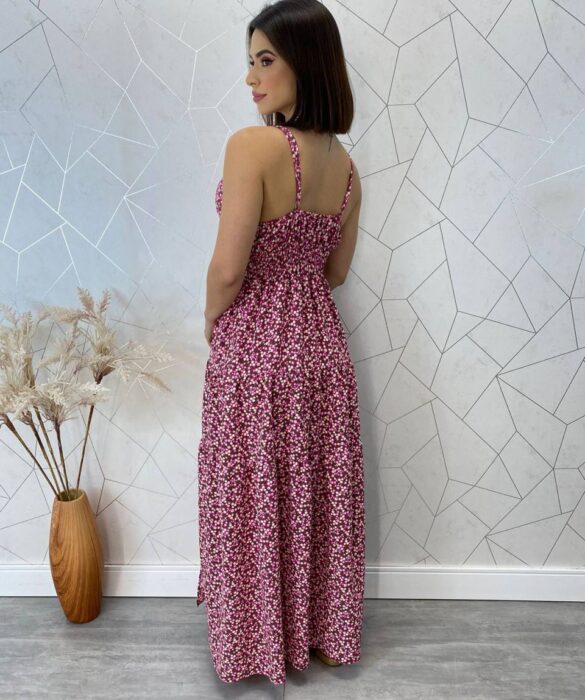 Vestido Longo com Bojo Bella Alça Regulável Floral Pink - Fernanda Ramos Store