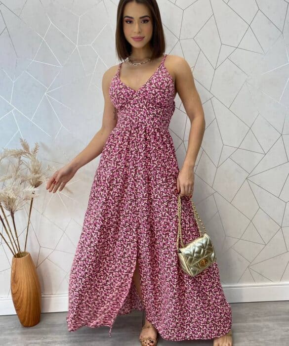 Vestido Longo com Bojo Bella Alça Regulável Floral Pink - Fernanda Ramos Store