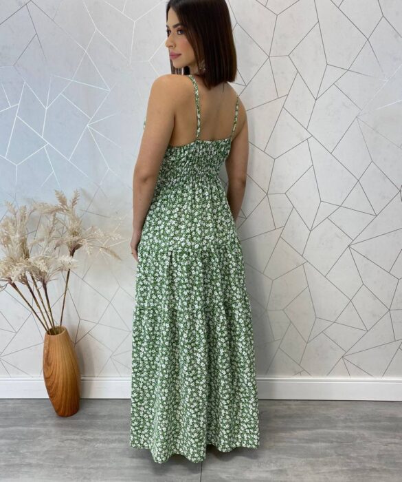 Vestido Longo com Bojo Bella Alça Regulável Floral Verde - Fernanda Ramos Store