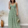 Vestido Longo com Bojo Bella Alça Regulável Floral Verde - Fernanda Ramos Store