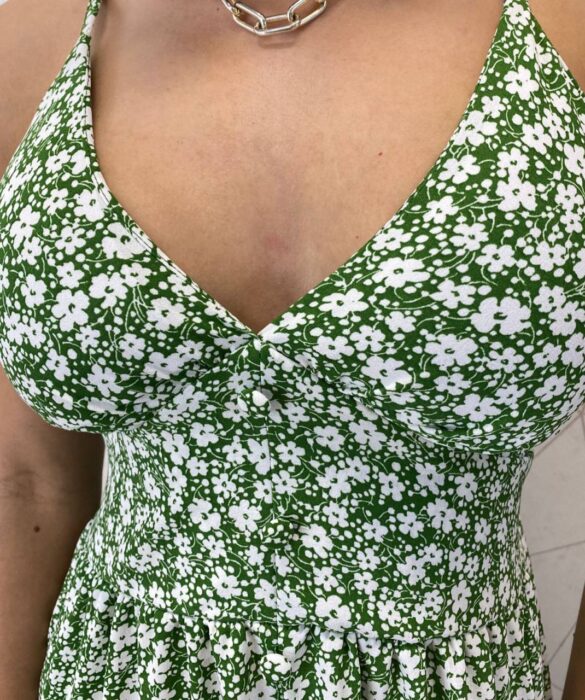 Vestido Longo com Bojo Bella Alça Regulável Floral Verde - Fernanda Ramos Store