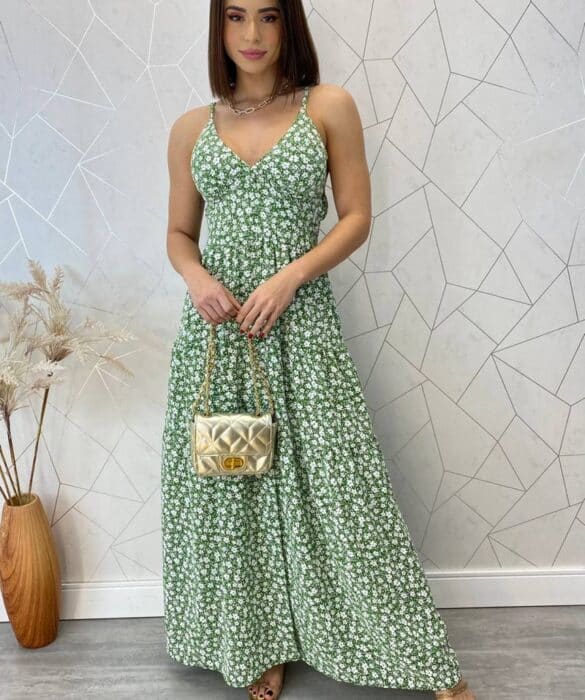 Vestido Longo com Bojo Bella Alça Regulável Floral Verde - Fernanda Ramos Store