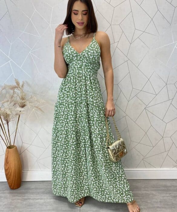 Vestido Longo com Bojo Bella Alça Regulável Floral Verde - Fernanda Ramos Store