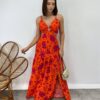 Vestido Longo com Bojo Estampado Laranja com Abertura e Fenda - Fernanda Ramos Store