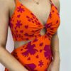 Vestido Longo com Bojo Estampado Laranja com Abertura e Fenda - Fernanda Ramos Store