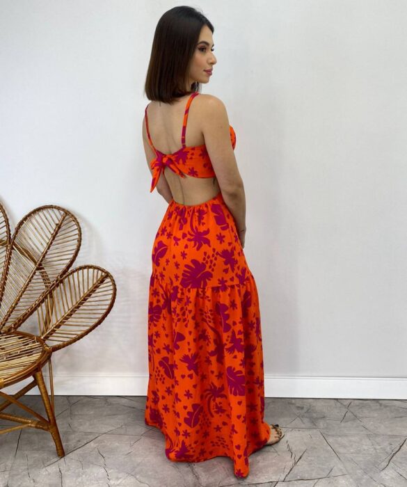 Vestido Longo com Bojo Estampado Laranja com Abertura e Fenda - Fernanda Ramos Store