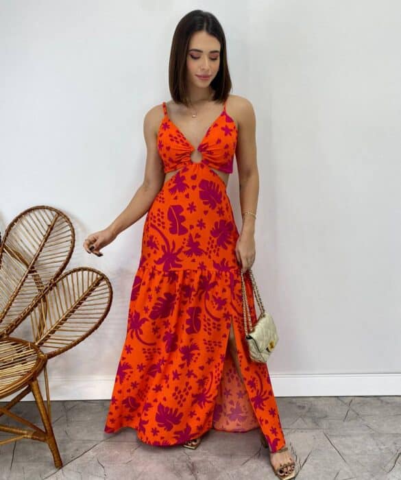 Vestido Longo com Bojo Estampado Laranja com Abertura e Fenda - Fernanda Ramos Store