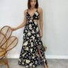 Vestido Longo com Bojo Estampado Preto com Abertura e Fenda - Fernanda Ramos Store