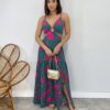 Vestido Longo com Bojo Estampado Verde com Abertura e Fenda - Fernanda Ramos Store