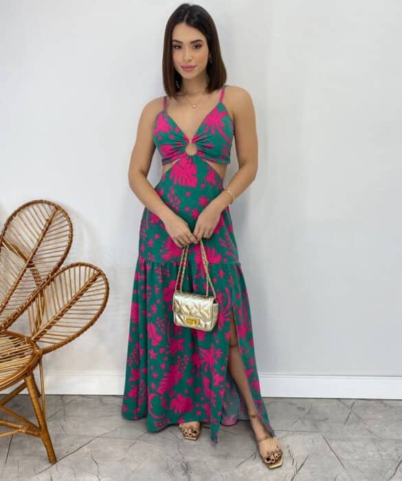 Vestido Longo com Bojo Estampado Verde com Abertura e Fenda - Fernanda Ramos Store