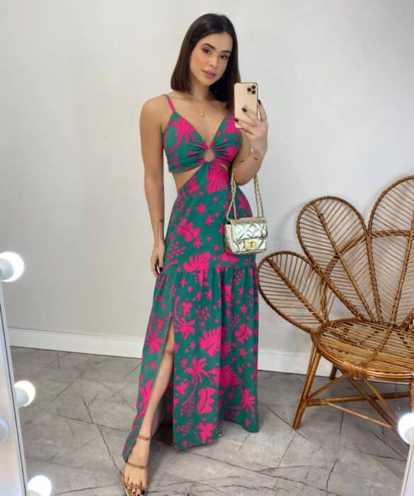 Vestido Longo com Bojo Estampado Verde com Abertura e Fenda - Fernanda Ramos Store