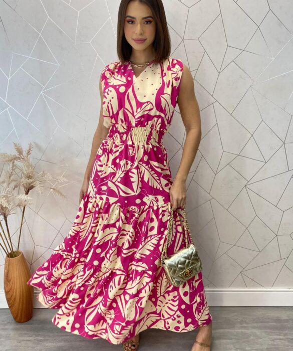 Vestido Longo com Bojo Jade Estampado Pink com Lastex - Fernanda Ramos Store