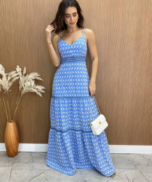 Vestido Longo com Bojo Luna Alça Regulável Bordado Azul - Fernanda Ramos Store