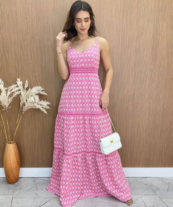 Vestido Longo com Bojo Luna Alça Regulável Bordado Rosa - Fernanda Ramos Store