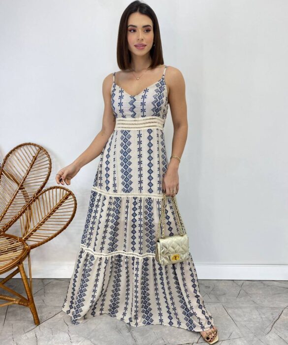 Vestido Longo com Bojo Pietra Alça Regulável Estampado Azul - Fernanda Ramos Store