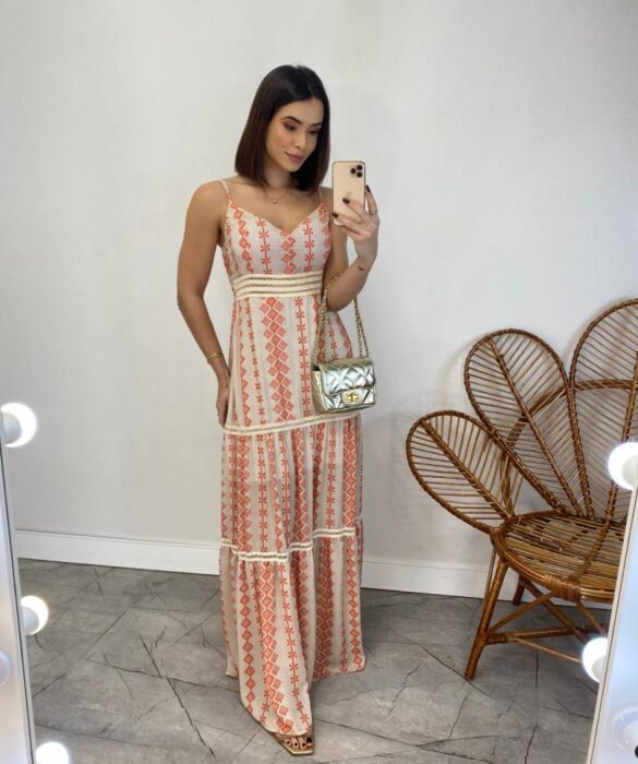 Vestido Longo com Bojo Pietra Alça Regulável Estampado Laranja - Fernanda Ramos Store