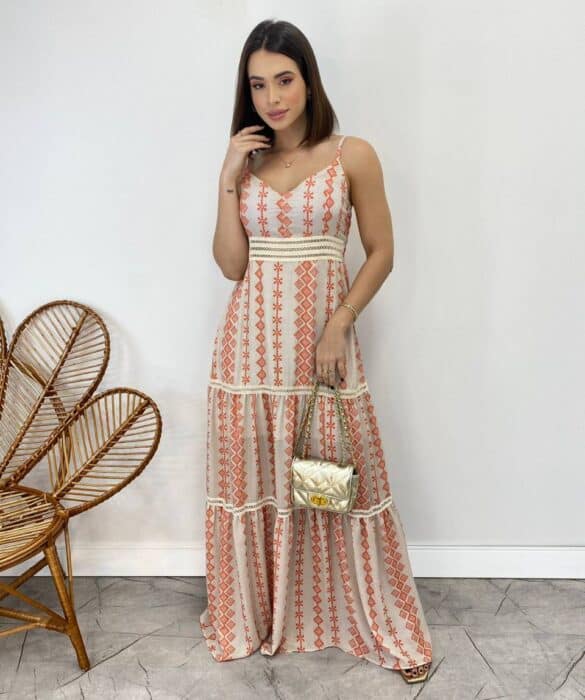 Vestido Longo com Bojo Pietra Alça Regulável Estampado Laranja - Fernanda Ramos Store