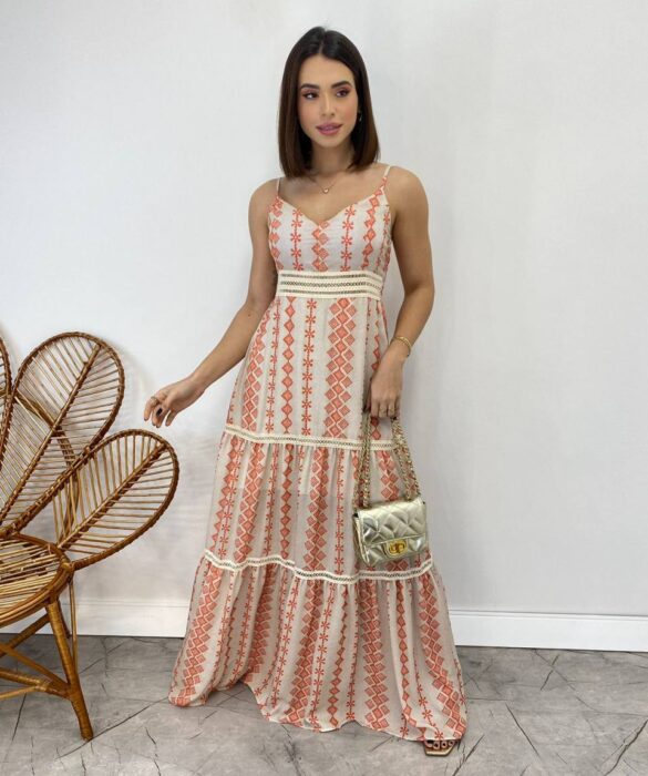 Vestido Longo com Bojo Pietra Alça Regulável Estampado Laranja - Fernanda Ramos Store