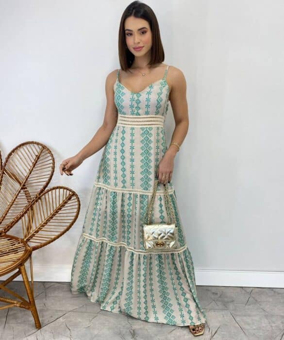 Vestido Longo com Bojo Pietra Alça Regulável Estampado Verde - Fernanda Ramos Store