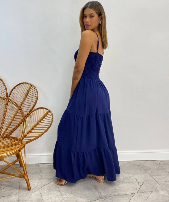 Vestido Longo sem Bojo Carla com Lastex Azul Marinho - Fernanda Ramos Store