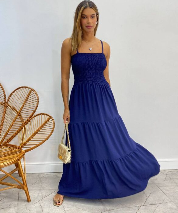 Vestido Longo sem Bojo Carla com Lastex Azul Marinho - Fernanda Ramos Store