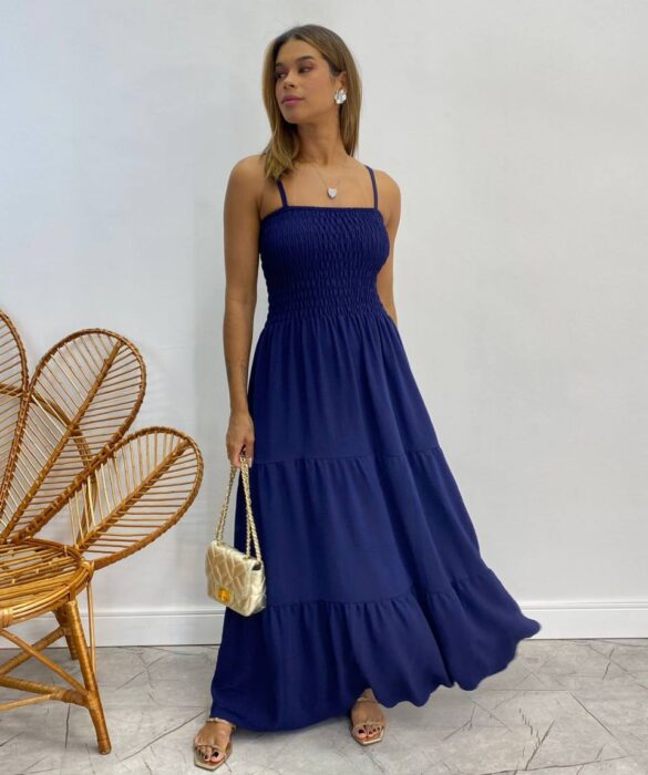 Vestido Longo sem Bojo Carla com Lastex Azul Marinho - Fernanda Ramos Store