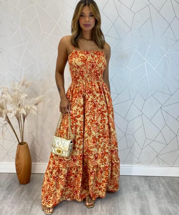 Vestido Longo sem Bojo Carla com Lastex Estampado - Fernanda Ramos Store