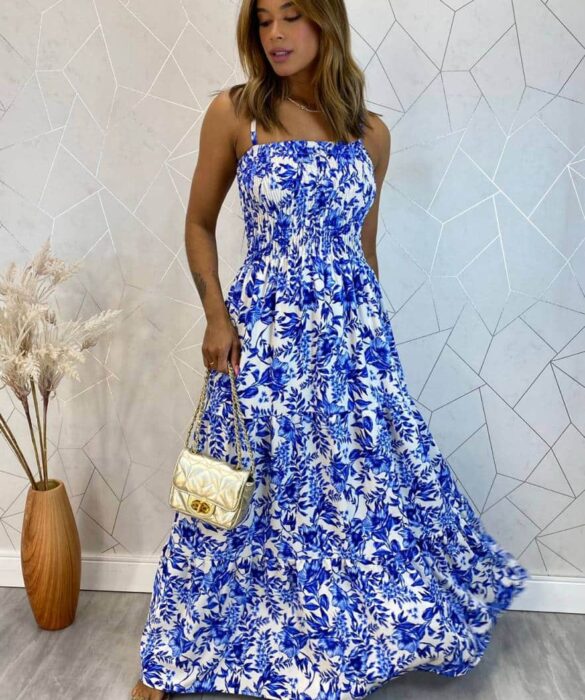 Vestido Longo sem Bojo Carla com Lastex Estampado Azul - Fernanda Ramos Store