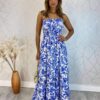 Vestido Longo sem Bojo Carla com Lastex Estampado Azul - Fernanda Ramos Store