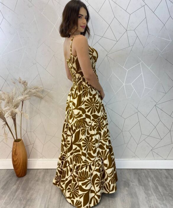 Vestido Longo sem Bojo Carla com Lastex Estampado Caramelo - Fernanda Ramos Store