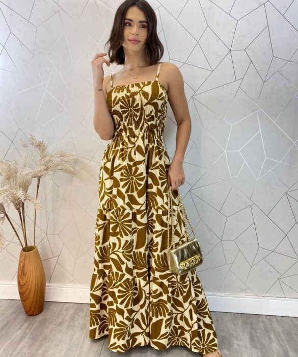 Vestido Longo sem Bojo Carla com Lastex Estampado Caramelo - Fernanda Ramos Store