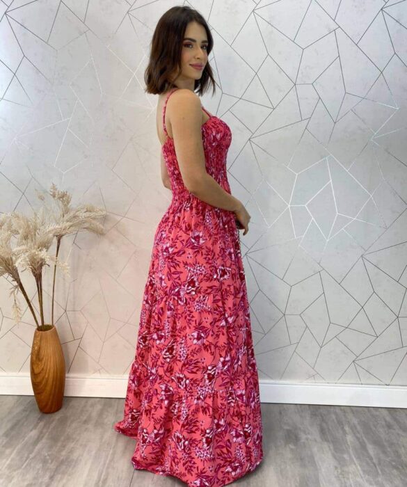 Vestido Longo sem Bojo Carla com Lastex Estampado Pink - Fernanda Ramos Store