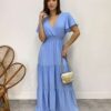 Vestido Longo sem Bojo Decote V Lastex na Cintura Azul - Fernanda Ramos Store