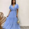 Vestido Longo sem Bojo Decote V Lastex na Cintura Azul - Fernanda Ramos Store