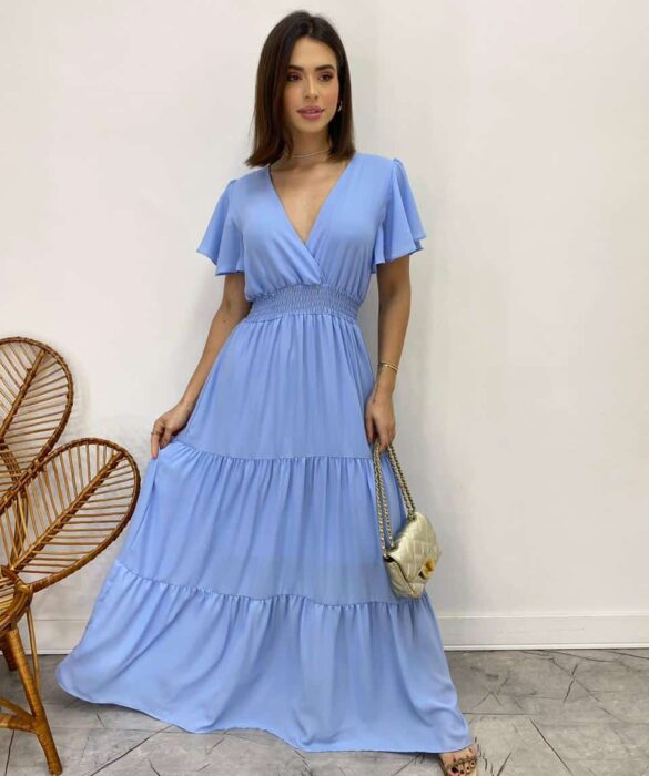 Vestido Longo sem Bojo Decote V Lastex na Cintura Azul - Fernanda Ramos Store