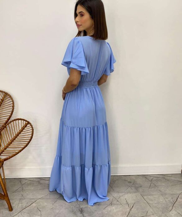 Vestido Longo sem Bojo Decote V Lastex na Cintura Azul - Fernanda Ramos Store