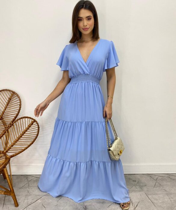 Vestido Longo sem Bojo Decote V Lastex na Cintura Azul - Fernanda Ramos Store