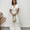 Vestido Longo sem Bojo Decote V Lastex na Cintura Branco - Fernanda Ramos Store